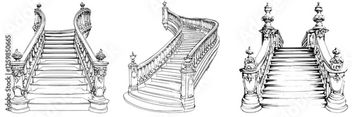 Elegant hand-drawn vector illustration of ornate staircases in different designs and styles