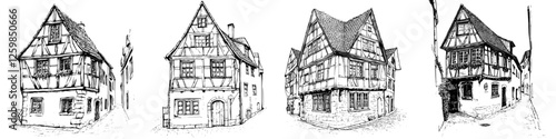 Charming hand-drawn vector illustration of traditional timber-framed houses in a quaint European village
