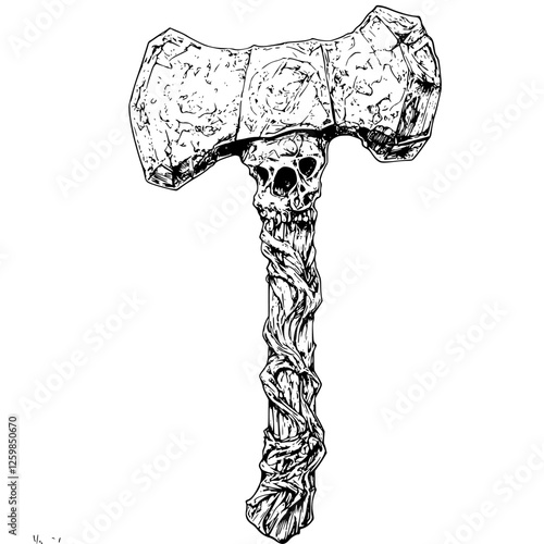 Skull-themed hand-drawn vector illustration of a mighty hammer entwined with vines