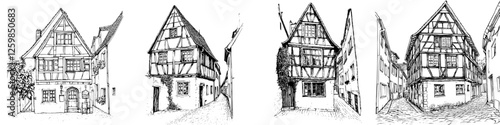 Vector illustration of charming half-timbered houses in a quaint street, showcasing a unique architectural style