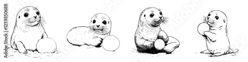 Charming vector illustration of playful seals engaging with snowballs in a hand-drawn style