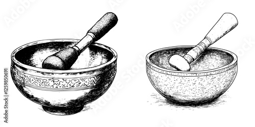 Hand-drawn vector illustration of traditional mortar and pestle used for grinding spices and herbs in a rustic kitchen setting