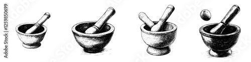 Mortar and pestle illustrated sequence showing grinding process in hand-drawn style