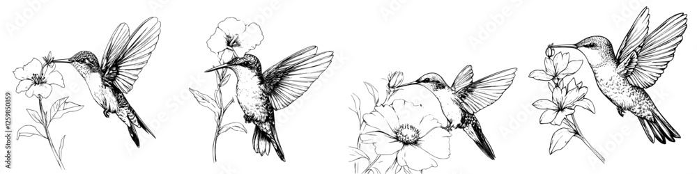 Obraz premium Colorful hummingbirds feeding on vibrant flowers in a hand-drawn vector illustration style capturing nature's beauty and delicacy