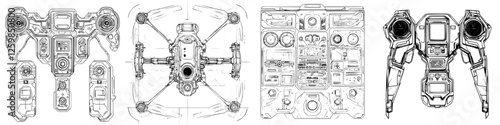 Vector illustration of futuristic drone design with detailed components and control panels in a hand-drawn style