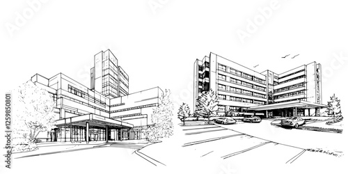 Hospital architecture illustrated in hand-drawn vector style showcasing modern design elements and landscaping