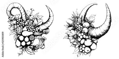 Vector illustration of hand-drawn horn arrangements filled with various fruits and leaves, capturing a rustic and artistic essence