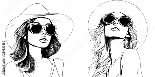 Stylish women wearing oversized sunglasses with sun hats enjoying summer vibes in a casual outdoor setting