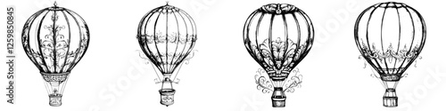 Vintage hand-drawn vector illustration of decorative hot air balloons in flight