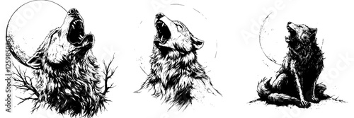 Vector illustration of howling wolves with moon in hand-drawn style