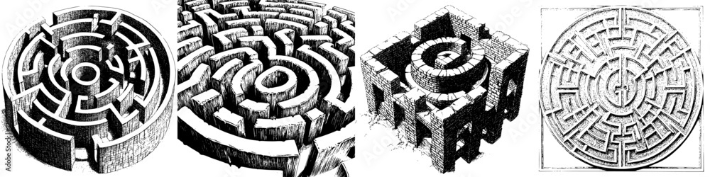 Obraz premium Intricate hand-drawn vector illustrations of various maze designs with spiral patterns and a creative perspective