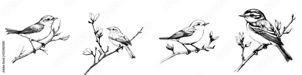 Obraz premium Vector illustration of four hand-drawn birds perched on branches in a natural setting