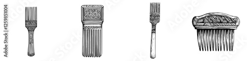 Decorative hand-drawn combs showcasing intricate designs and craftsmanship in an artistic vector illustration style