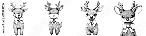 Cute hand-drawn reindeer illustrations with festive bows for holiday decorations and cards