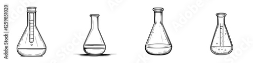 Hand-drawn vector illustration of laboratory glassware including flasks and beakers for educational purposes