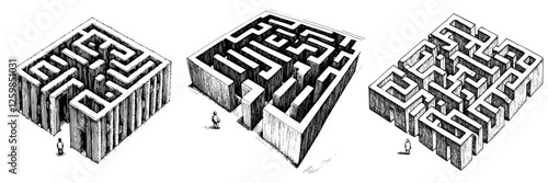Intricate hand-drawn vector illustration of three unique mazes with a solitary figure exploring their paths