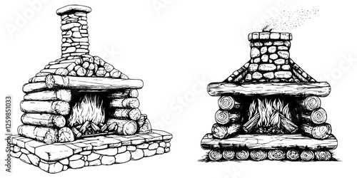 Vector illustration of rustic hand-drawn fireplaces in natural settings showcasing cozy warmth and traditional craftsmanship