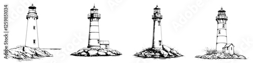 Vector illustration of hand-drawn lighthouses on rocky shores showcasing maritime architecture and coastal landscapes
