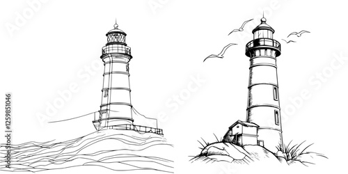 Lighthouse vector illustration with hand-drawn style featuring coastal birds and waves in a serene landscape