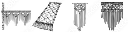 Hand-drawn vector illustration of decorative macrame wall hangings in various styles showcasing intricate patterns and textures