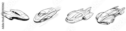 Futuristic hand-drawn vector illustration of sleek concept vehicles in motion