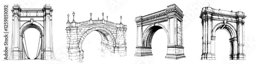 Hand-drawn vector illustration showcasing various historical archways in detailed style