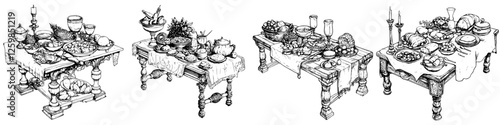 Detailed vector illustration of hand-drawn tables laden with a variety of foods in an inviting setting