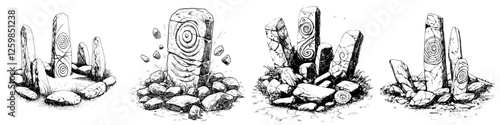Vector illustration of hand-drawn ancient stone formations with spiral carvings and textured rocks