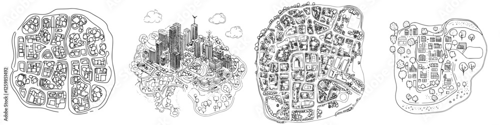 Fototapeta premium Detailed hand-drawn vector illustration showing diverse urban landscapes and community layouts throughout different environments