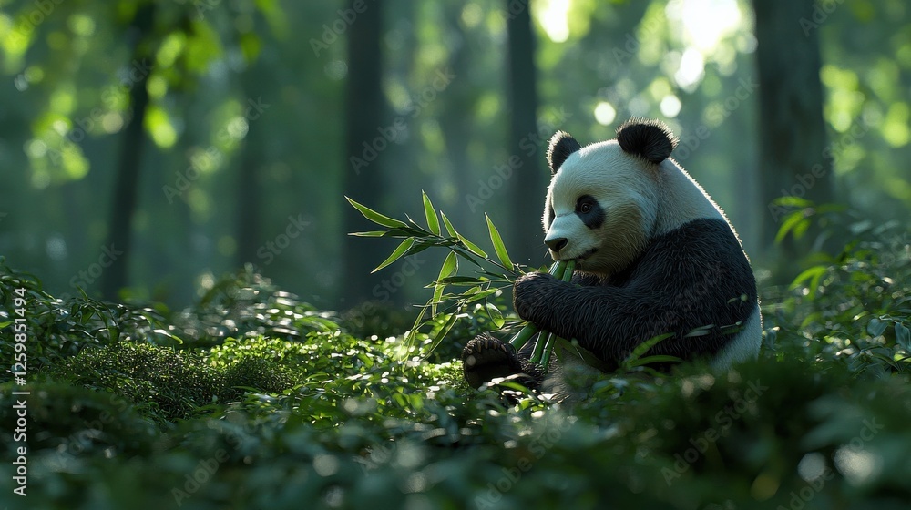 Obraz premium A panda bear is eating bamboo in a forest