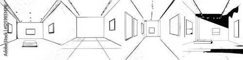 Vector illustration of a contemporary art gallery showcasing diverse artwork in a minimalist and modern interior space