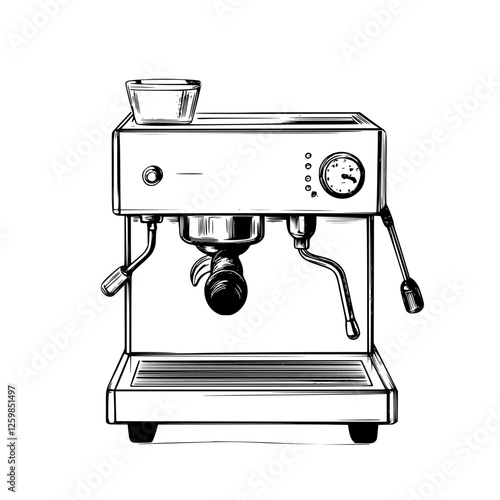 Vector illustration of a hand-drawn espresso machine in a minimalist style showing intricate details and design