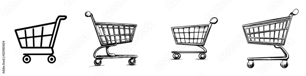Hand-drawn vector illustration of shopping carts in varying sizes showcasing simple design and versatility for commercial use Hand-drawn vector illustration of shopping carts in varying sizes showcasing simple design and versatility for commercial use