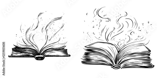 Creative hand-drawn vector illustration of books emitting magical sparks and swirls in a whimsical style