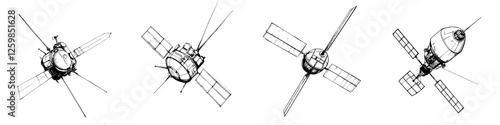 Hand-drawn vector illustration of four different satellite designs in various orientations showcasing their unique features