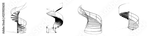 Elegant hand-drawn vector illustrations of spiral stairs in various designs and perspectives showcasing architectural creativity