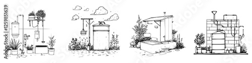 Hand-drawn vector illustration showcasing diverse water storage solutions and garden elements in a serene outdoor setting