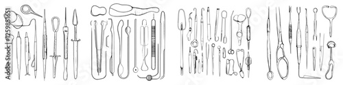 Hand-drawn vector illustration of various dental tools arranged neatly on a white background