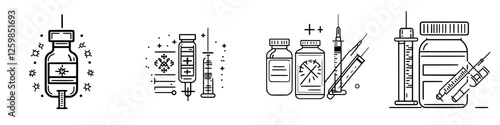 Vector illustration of hand-drawn medical vials and syringes showcasing vaccination process and healthcare importance