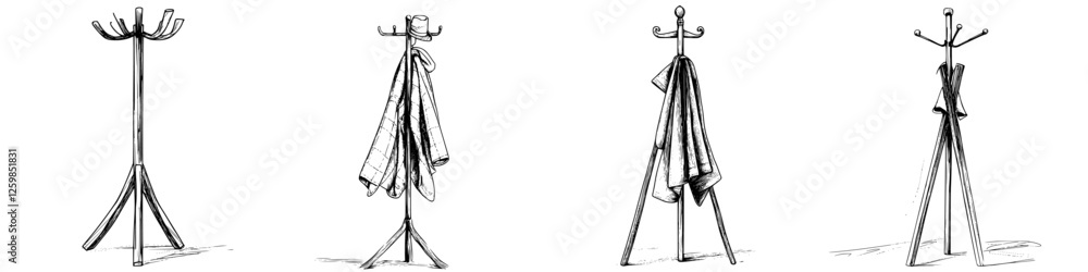 Hand drawn vector illustration of coat racks in various designs showcased in a minimalistic setting Hand drawn vector illustration of coat racks in various designs showcased in a minimalistic setting
