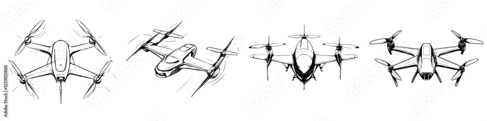 Detailed vector illustration of various drone designs in a hand-drawn style showcasing innovation and technology Detailed vector illustration of various drone designs in a hand-drawn style showcasing innovation and technology