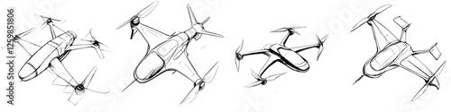 Hand-drawn vector illustration of modern drones in various flight positions and angles over a minimal background
