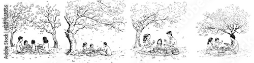 Families enjoying a hand-drawn picnic under trees during the warm afternoon