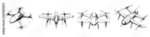 Vector illustration of hand-drawn drone designs showcasing different styles and functions in a creative layout