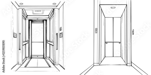 Hand-drawn vector illustration of a minimalist elevator interior in an urban building setting