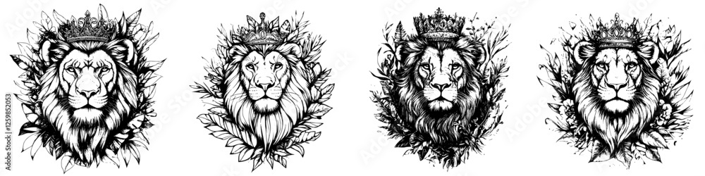 Vector illustration of crowned lions surrounded by foliage in hand-drawn style Vector illustration of crowned lions surrounded by foliage in hand-drawn style