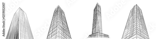 Vector illustration showcasing modern skyscrapers in a hand-drawn style from different angles
