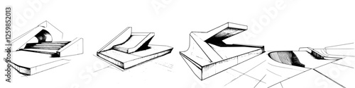 Vector illustration portraying abstract architectural designs in a hand-drawn style featuring various geometric shapes