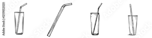 Hand-drawn vector illustrations of various drinking straws and glasses arranged in a playful composition