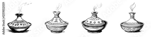 Vector illustration of hand-drawn traditional pots with steam, showcasing unique patterns and cultural significance